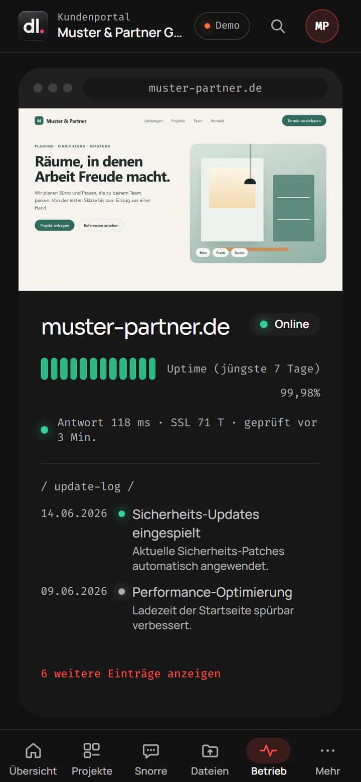 Kundenportal, Ansicht Betrieb: zwei Websites der Beispielfirma mit Vorschaubild, Status Online, Verfügbarkeitsleiste der letzten sieben Tage und Antwortzeit.