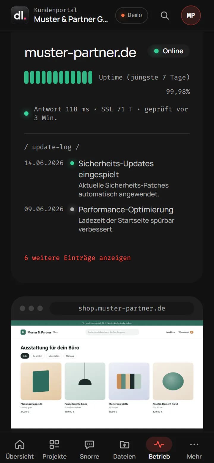 Kundenportal, Update-Log der Beispielseiten: Einträge mit Datum wie Sicherheits-Updates eingespielt, SSL-Zertifikat erneuert und Wartungs-Update durchgeführt.