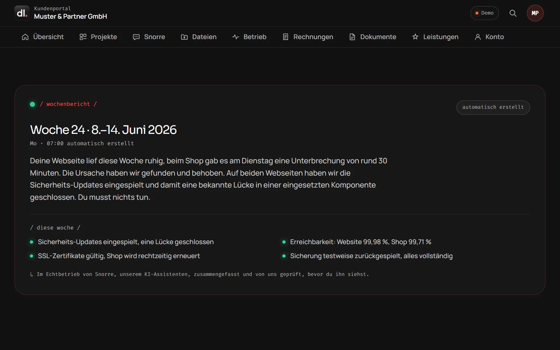 Kundenportal, Wochenbericht Woche 24: kurzer Wartungstext zu Website und Shop der Beispielfirma und vier Punkte der Woche wie eingespielte Sicherheits-Updates oder eine geprüfte Sicherung.