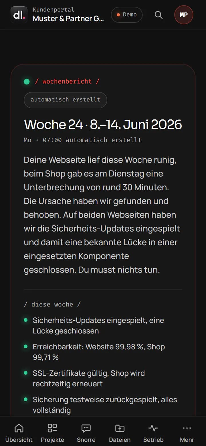 Kundenportal, Wochenbericht Woche 24: kurzer Wartungstext zu Website und Shop der Beispielfirma und vier Punkte der Woche wie eingespielte Sicherheits-Updates oder eine geprüfte Sicherung.
