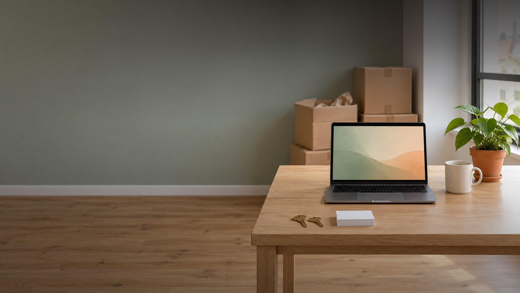 Frisch bezogenes kleines Büro am Morgen: Auf einem Schreibtisch aus hellem Holz liegen zwei neue Schlüssel und ein Stapel unbedruckter Visitenkarten, dahinter stehen ein aufgeklappter Laptop, eine Tasse und eine Pflanze im Terrakotta-Topf. Im Hintergrund gestapelte Umzugskartons vor einer salbeigrünen Wand und ein großes Fenster.