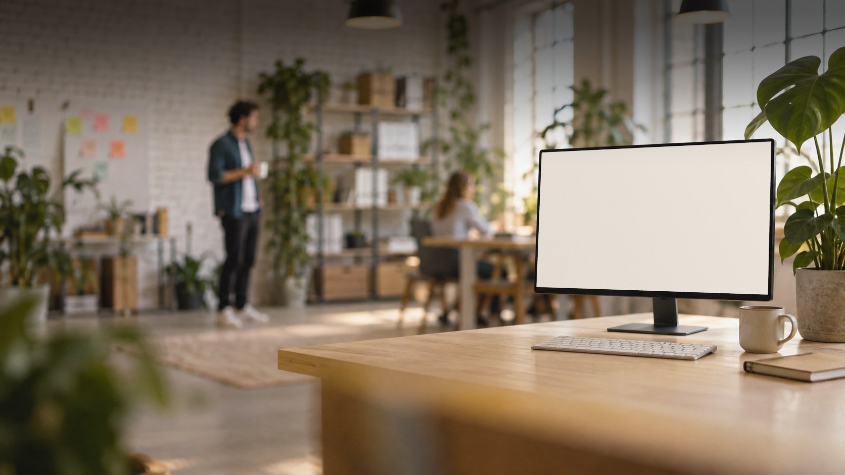 Helles Loft-Büro mit weißer Ziegelwand und hohen Fenstern: Rechts steht ein Monitor auf einem Holztisch, davor Tastatur, Tasse und Notizbuch, daneben eine Monstera. Im Hintergrund unscharf ein Kollege mit Tasse vor einer Wand mit Klebezetteln und eine Kollegin am Tisch zwischen Regalen und Pflanzen.