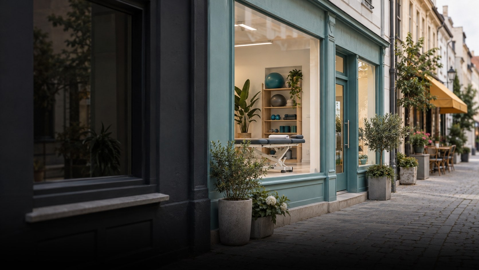 Physiotherapie-Praxis mit türkisfarbener Front in einer Straße mit Kopfsteinpflaster, im Schaufenster eine Behandlungsliege und ein Regal mit Gymnastikbällen, davor Pflanzkübel, dahinter unscharf ein Laden unter gelber Markise und ein Café.