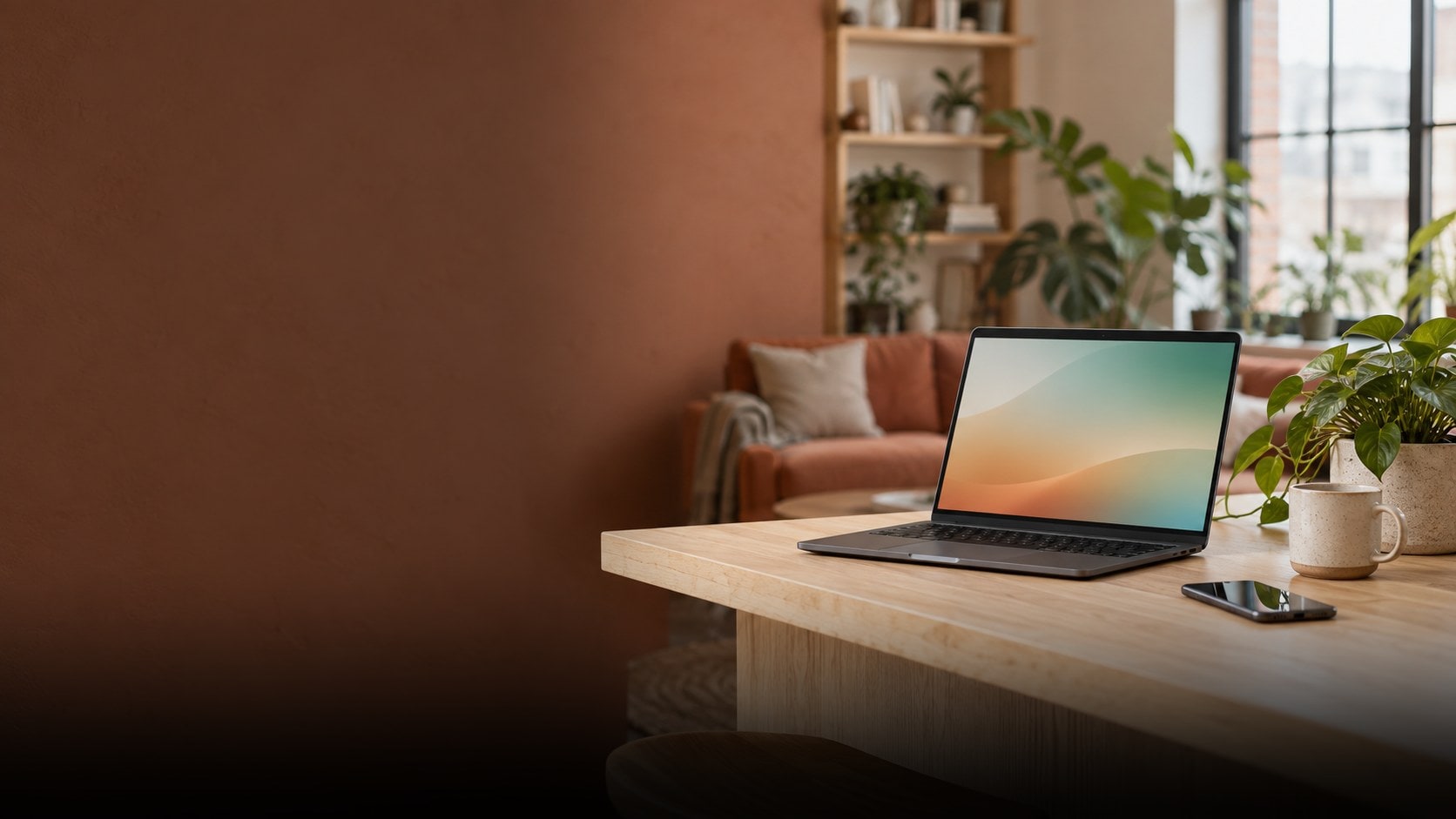 Theke aus hellem Holz mit aufgeklapptem Laptop, Smartphone und Tasse in den Räumen einer kleinen Firma, dahinter ein terrakottafarbenes Sofa, ein Regal mit Pflanzen und ein großes Fenster, links eine terrakottafarbene Wand.