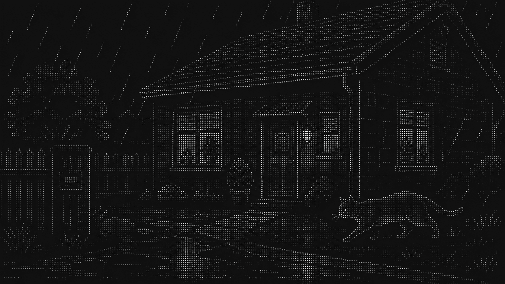 Pixel-Illustration eines Hauses im Regen mit leuchtenden Fenstern; davor streift eine Katze vorbei. Sinnbild für die Infrastruktur unter deiner Software.