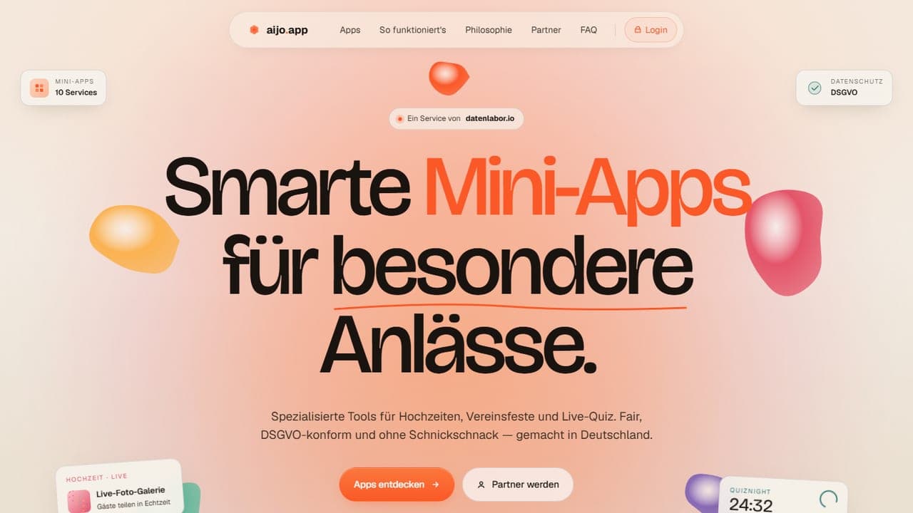 Startseite der Plattform aijo.app mit dem Hero „Smarte Mini-Apps für besondere Anlässe“
